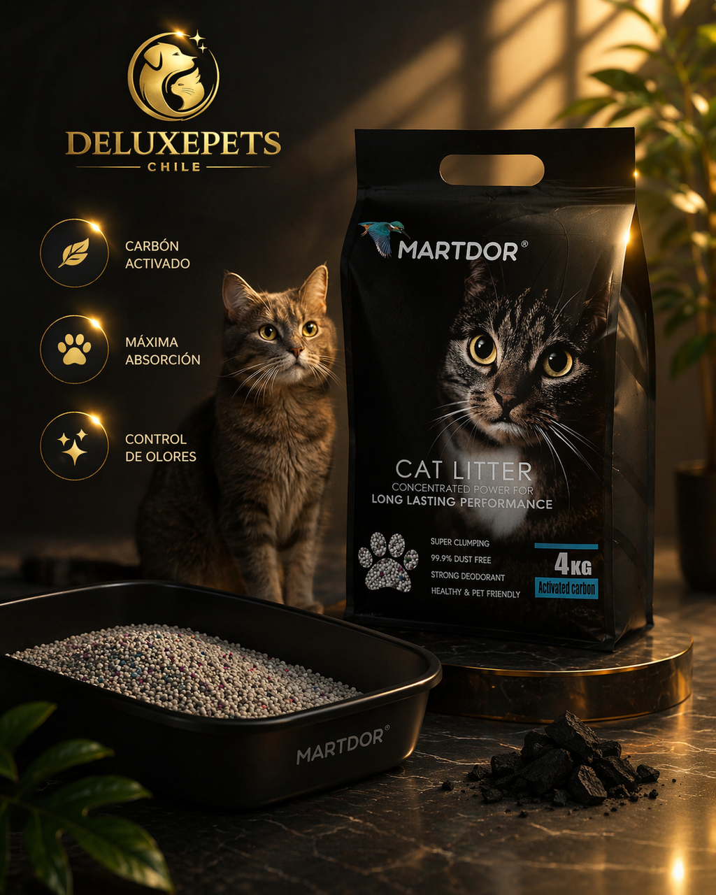 Arena para Gatos Martdor® con Carbón Activado — Control Total de Olores y Máxima Absorción